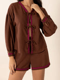 Tied V-Neck Long Sleeve Top and Shorts Set - Trendsi