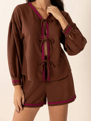 Tied V-Neck Long Sleeve Top and Shorts Set - Trendsi