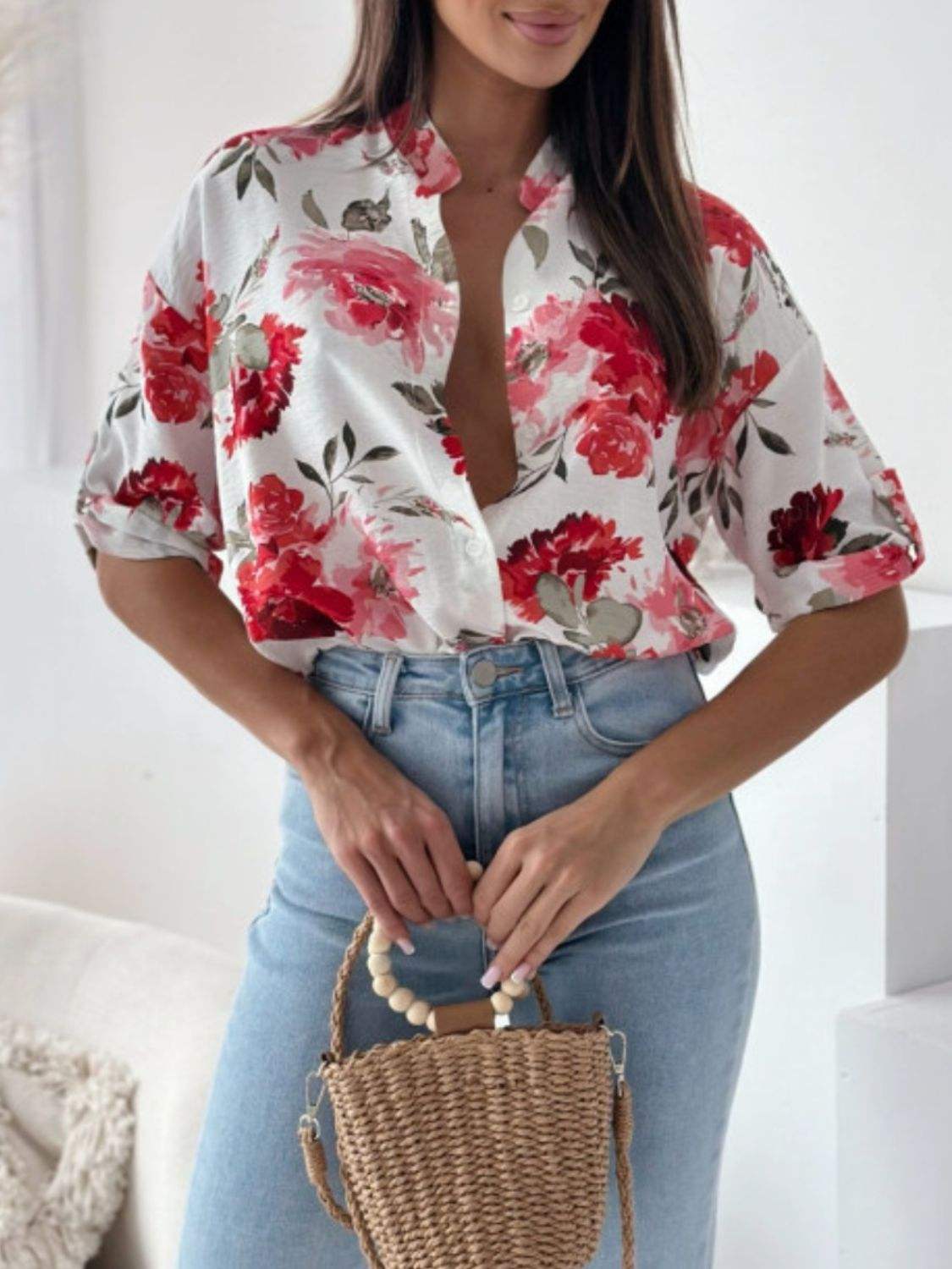 Printed Button Up Half Sleeve Shirt - Trendsi - Flyclothing LLC