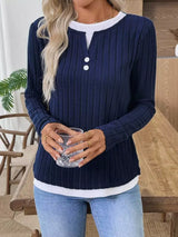 Ribbed Knit Long Sleeve Fake Two-Piece T-Shirt - Trendsi - Flyclothing LLC