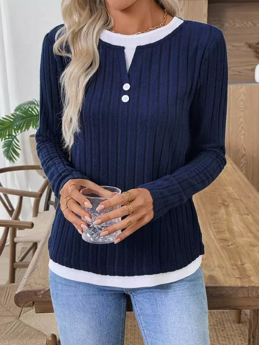 Ribbed Knit Long Sleeve Fake Two-Piece T-Shirt - Trendsi - Flyclothing LLC