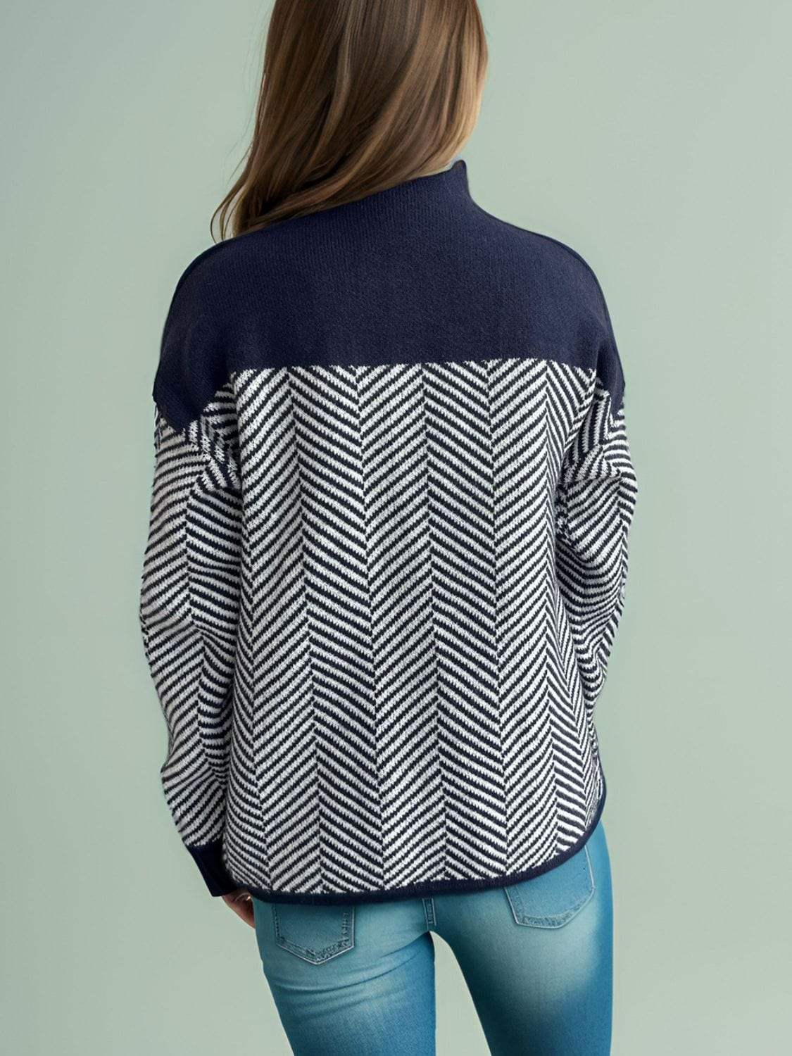 Contrast Turtleneck Long Sleeve Sweater - Trendsi - Flyclothing LLC