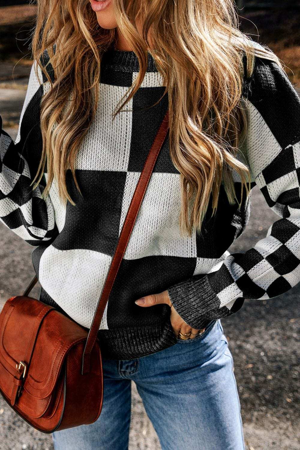 Checkered Round Neck Drop Shoulder Sweater - Trendsi - Flyclothing LLC