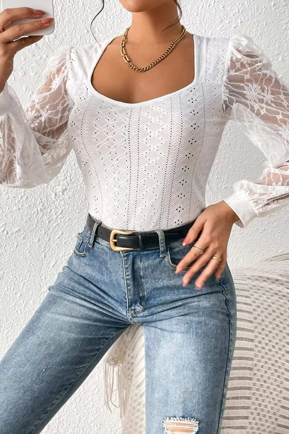 Eyelet Lace Long Sleeve Bodysuit - Trendsi - Flyclothing LLC