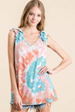 BiBi Circular Tie Dye Knit V Neck Top With Ruffle - Trendsi