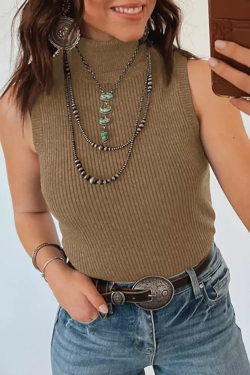 Mock Neck Ribbed Knit Sweater Vest - Trendsi - Flyclothing LLC