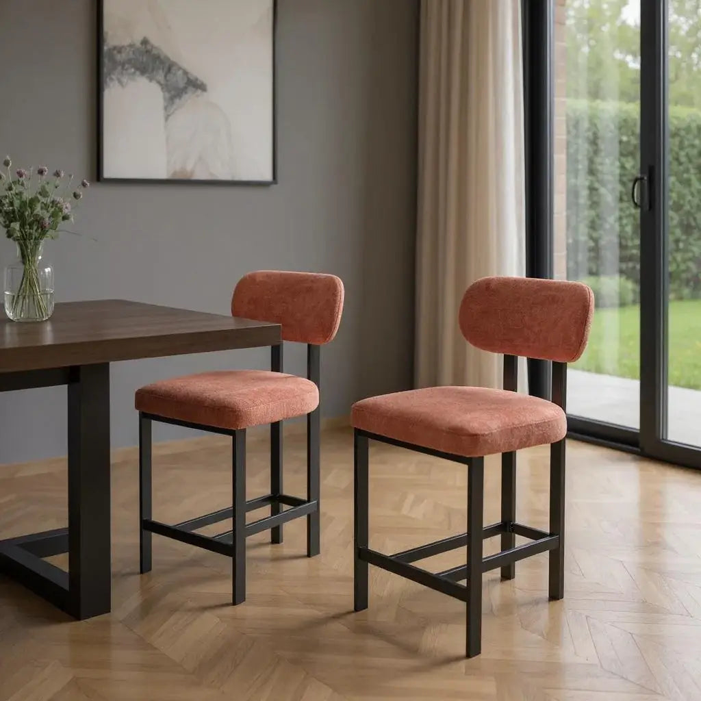 Set of Two 26" Orange and Black Fabric and Metal Counter Height Bar Chairs - Homeroots - Flyclothing LLC