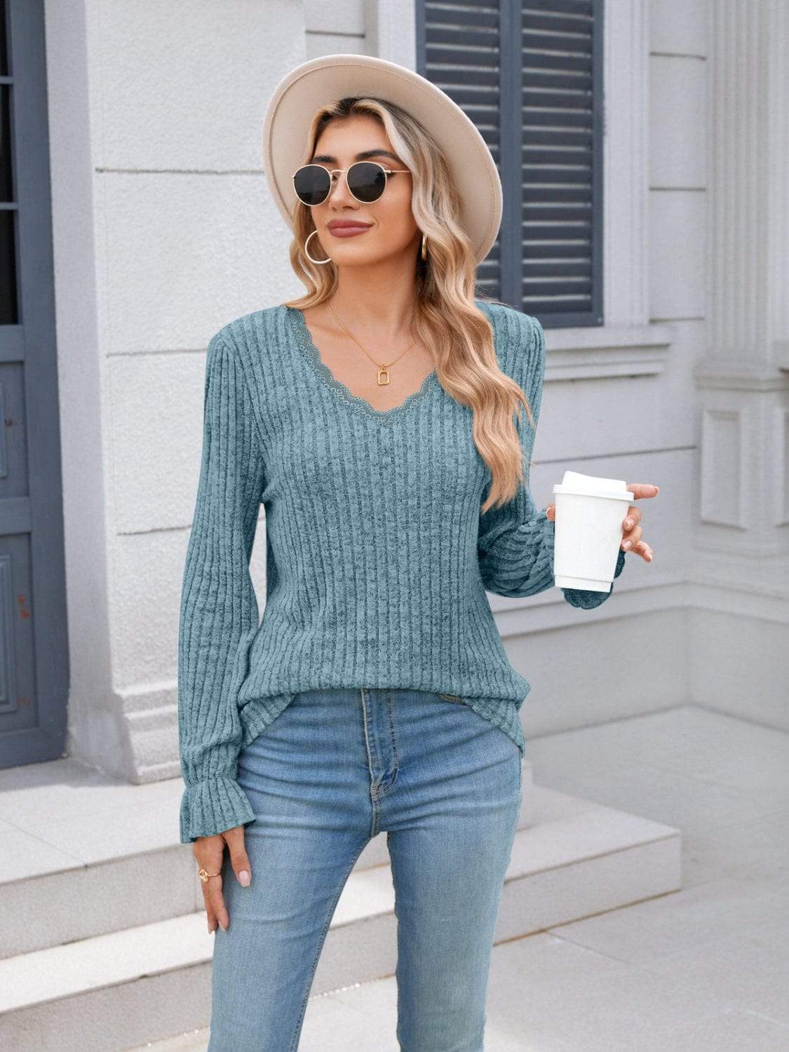 Lace Detail V-Neck Long Sleeve T-Shirt - Trendsi - Flyclothing LLC