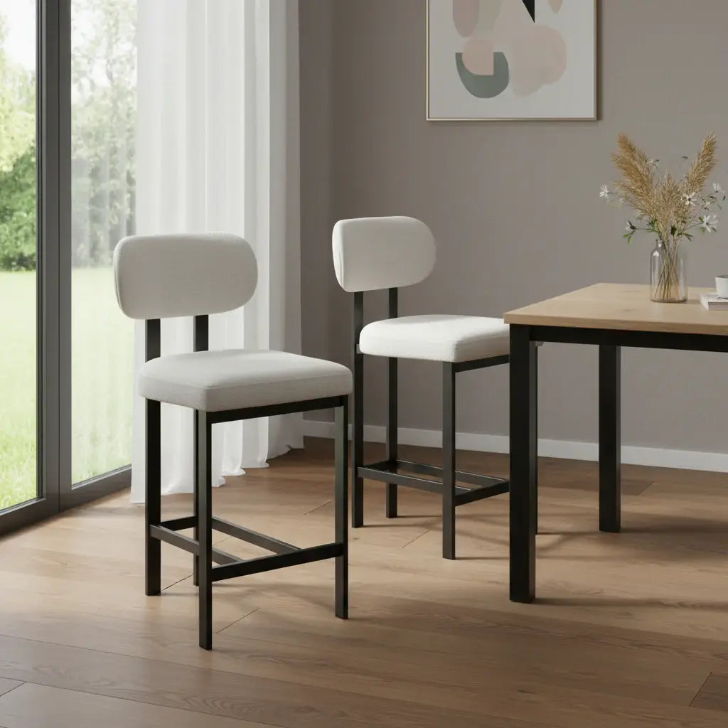Set of Two 26" White and Black Fabric and Metal Counter Height Bar Chairs - Homeroots - Flyclothing LLC