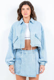 American Bazi Drawstring Waist Crop Denim Jacket - Trendsi