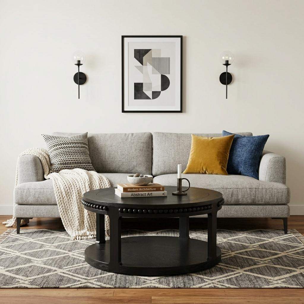 32" Black Wood Floor Shelf Beaded Round Coffee Table - HomeRoots - Flyclothing LLC