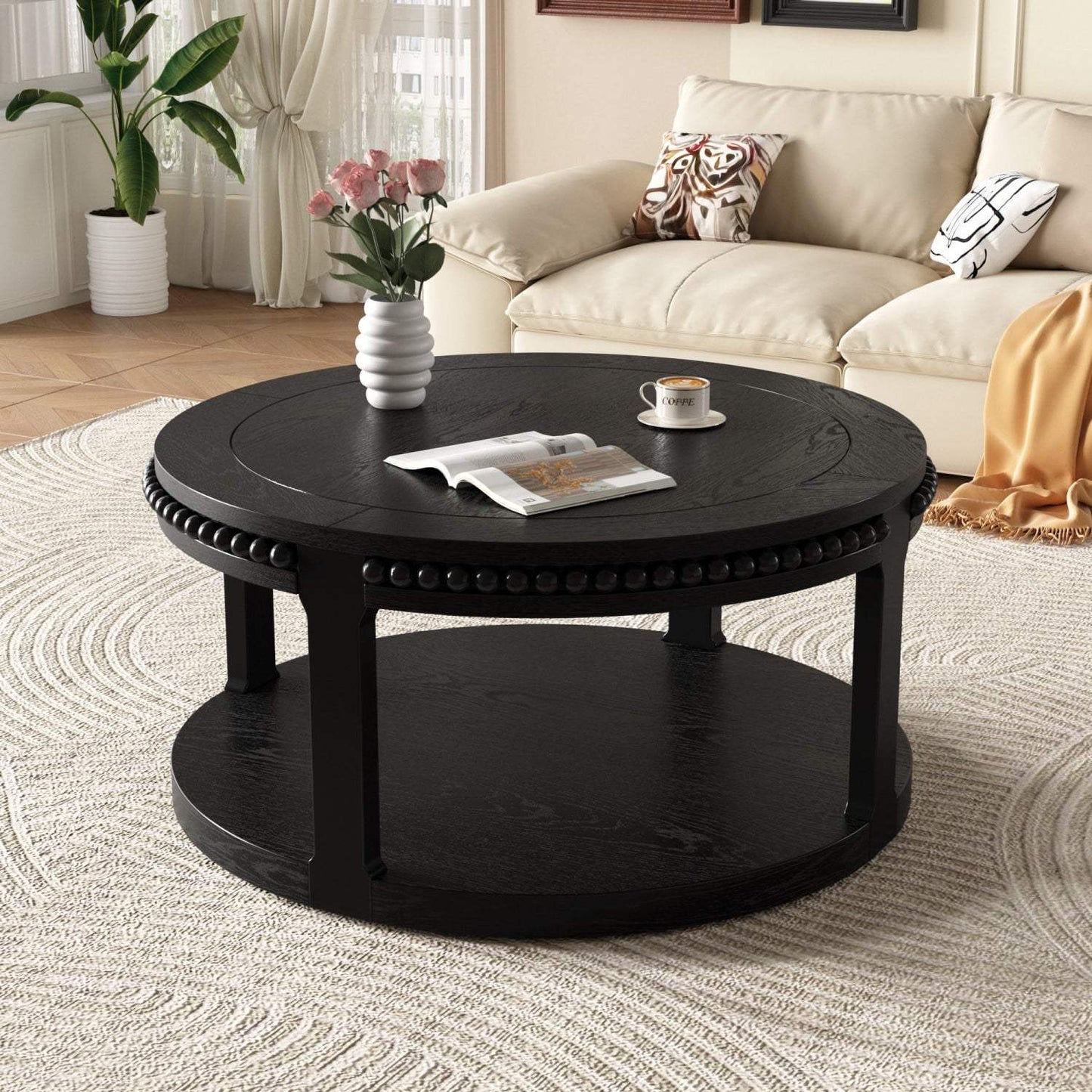 32" Black Wood Floor Shelf Beaded Round Coffee Table - HomeRoots - Flyclothing LLC