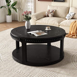 32" Black Wood Floor Shelf Beaded Round Coffee Table - HomeRoots - Flyclothing LLC