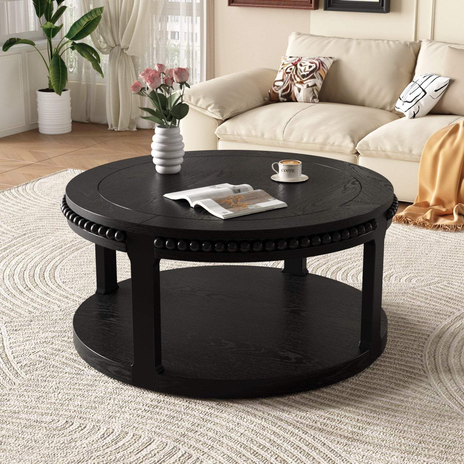 32" Black Wood Floor Shelf Beaded Round Coffee Table - HomeRoots - Flyclothing LLC