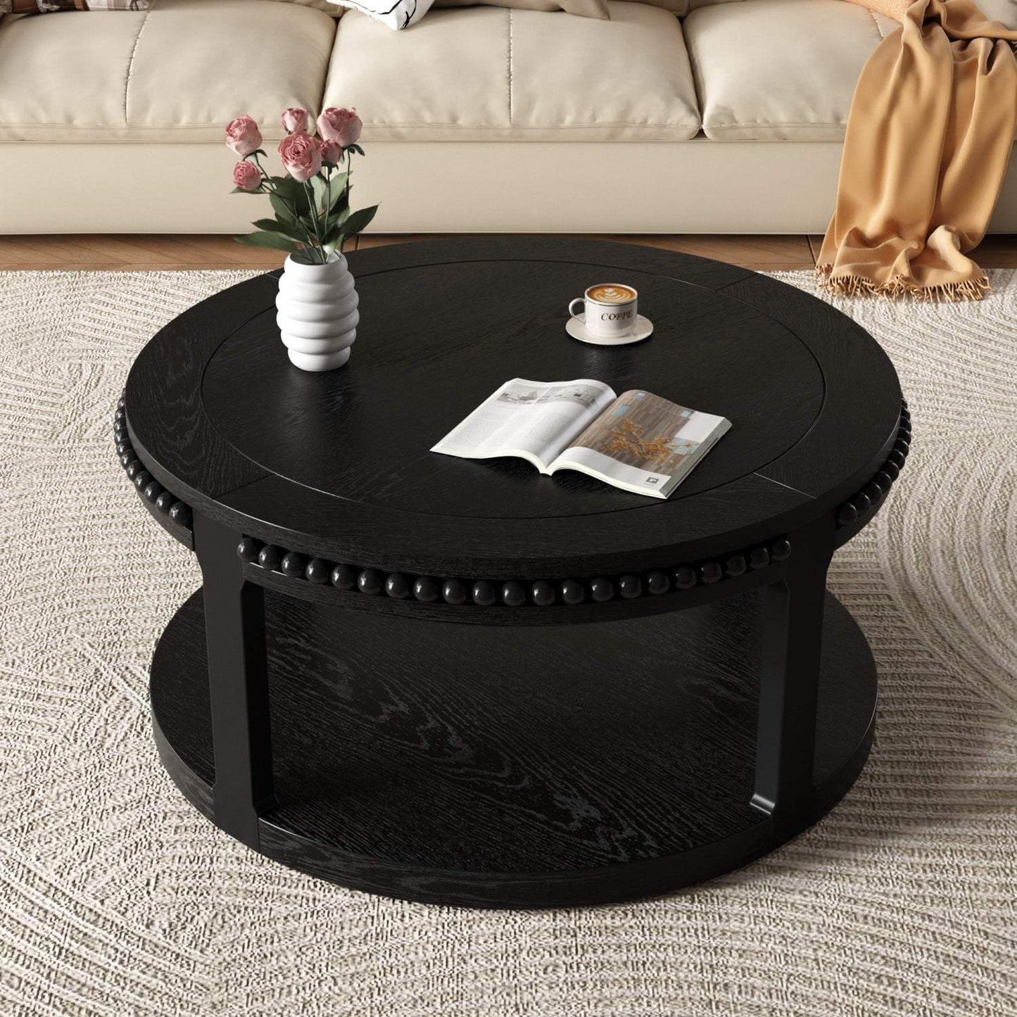 32" Black Wood Floor Shelf Beaded Round Coffee Table - HomeRoots - Flyclothing LLC