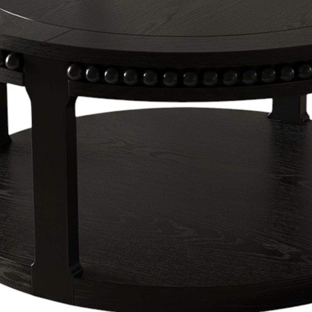 32" Black Wood Floor Shelf Beaded Round Coffee Table - HomeRoots - Flyclothing LLC