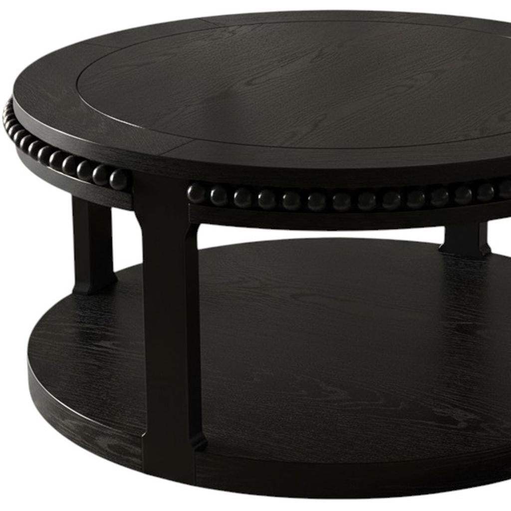 32" Black Wood Floor Shelf Beaded Round Coffee Table - HomeRoots - Flyclothing LLC