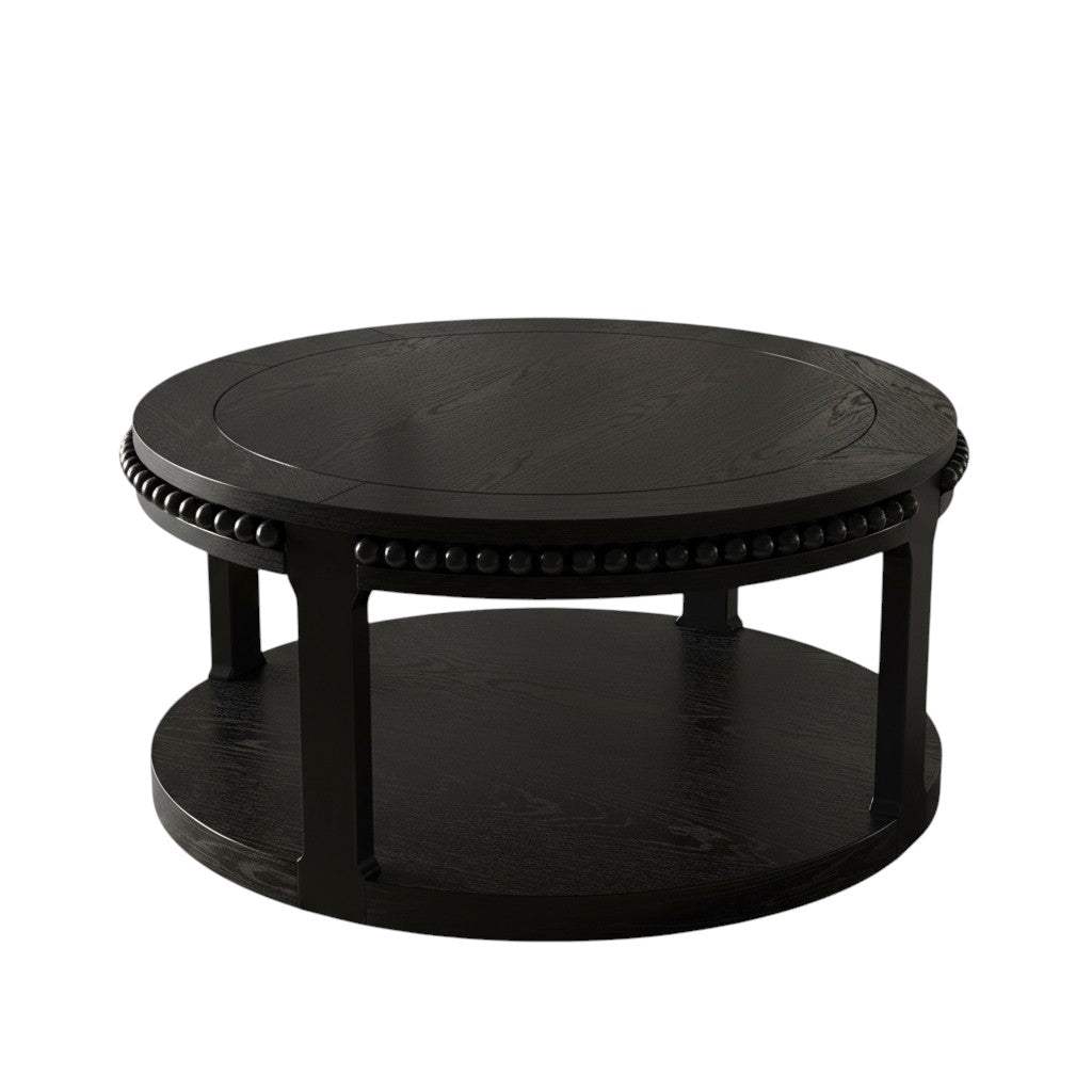 32" Black Wood Floor Shelf Beaded Round Coffee Table - HomeRoots - Flyclothing LLC