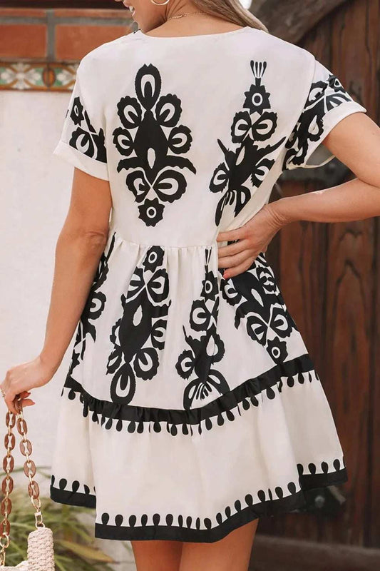 Printed V-Neck Short Sleeve Dress - Trendsi - Flyclothing LLC