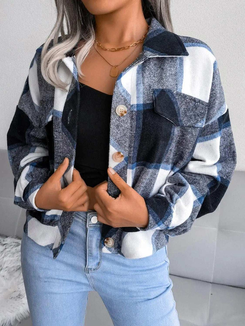 Plaid Collared Neck Long Sleeve Jacket - Trendsi - Flyclothing LLC