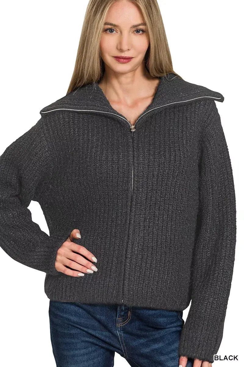 Zenana High Neck Full Zip Sweater Cardigan - Trendsi - Flyclothing LLC