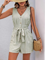 Perfee Striped V-Neck Tie Waist Romper - Trendsi - Flyclothing LLC