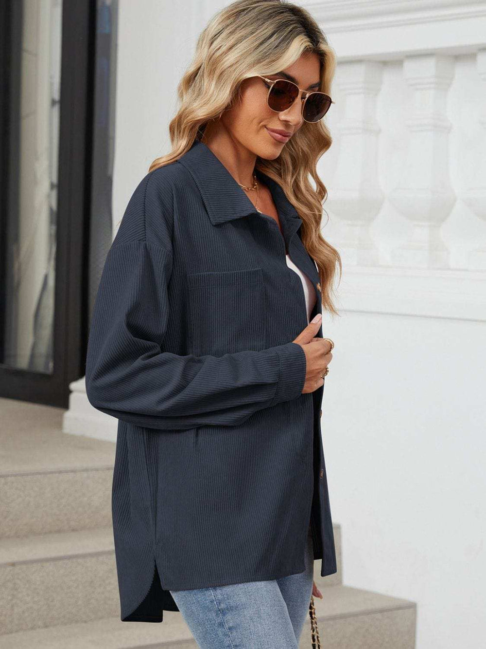 Button Up Dropped Shoulder Long Sleeve Outerwear - Trendsi - Flyclothing LLC