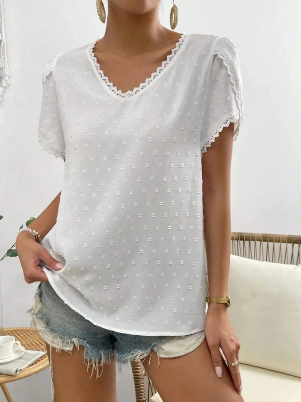 Swiss Dot Lace Detail V-Neck Petal Sleeve Blouse - Trendsi