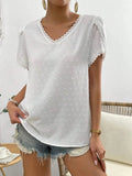 Swiss Dot Lace Detail V-Neck Petal Sleeve Blouse - Trendsi