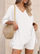 Full Size Casual Loose V-Neck T-Shirt & Shorts Set Plus Size - Trendsi - Flyclothing LLC