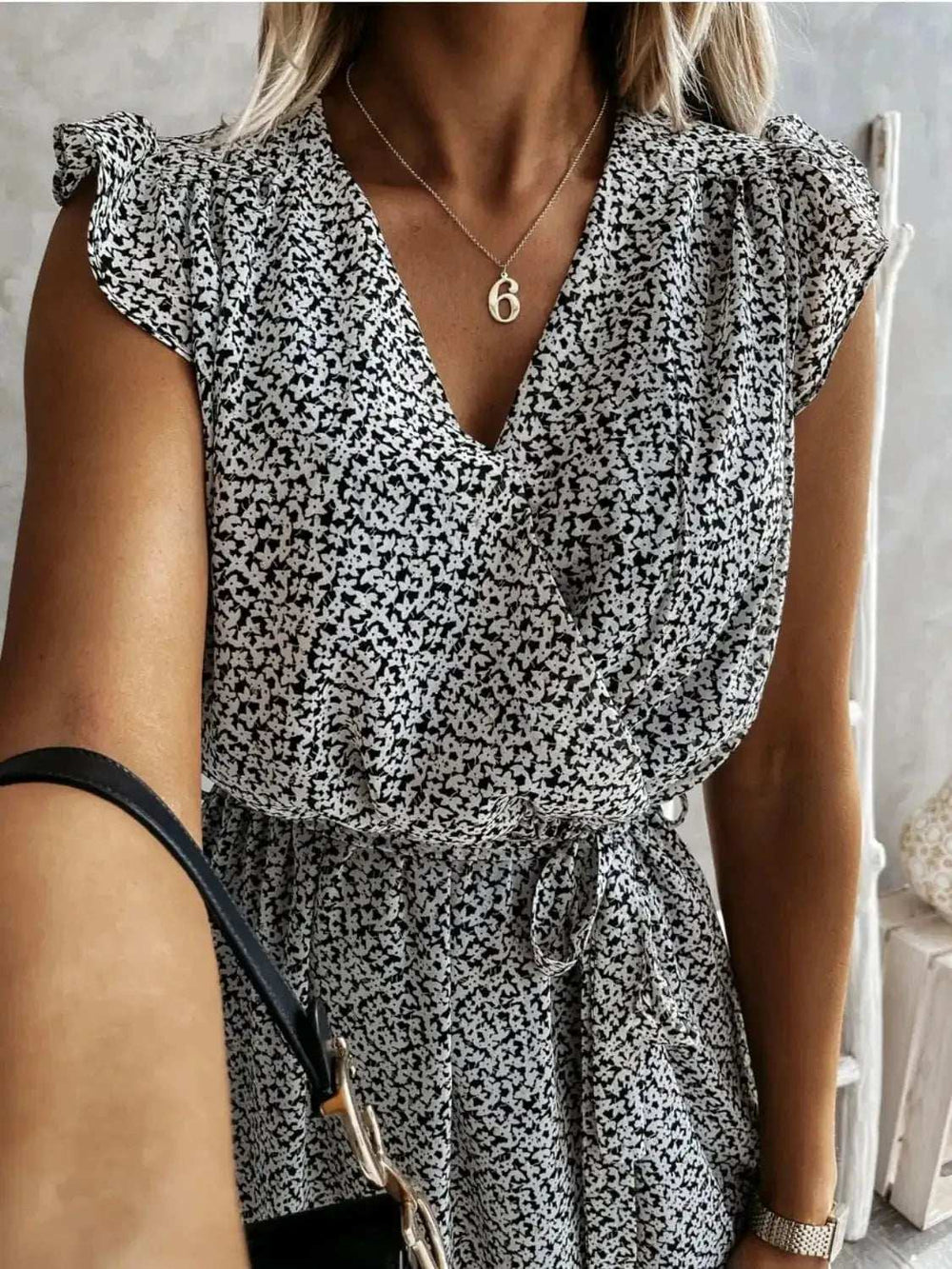 Ruffled Surplice Printed Cap Sleeve Dress - Trendsi - Flyclothing LLC