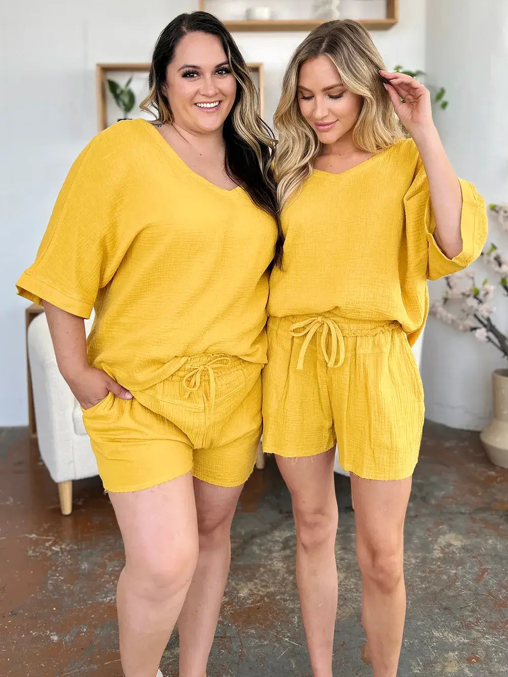 Double Take Texture Half Sleeve T-Shirt and Drawstring Shorts Set - Trendsi - Flyclothing LLC