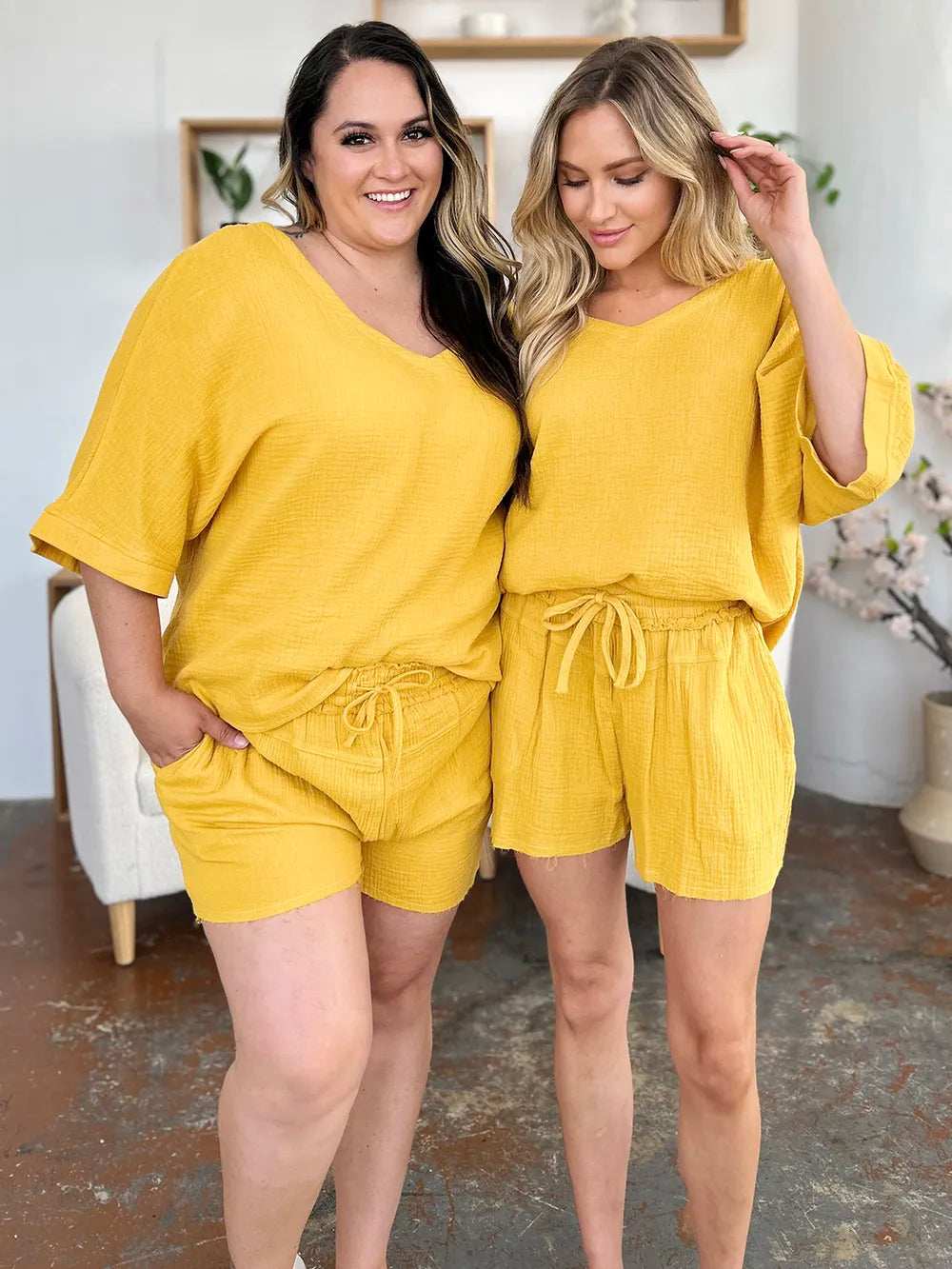 Double Take Texture Half Sleeve T-Shirt and Drawstring Shorts Set - Trendsi - Flyclothing LLC