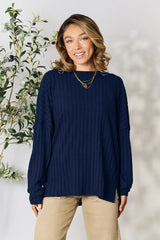 Basic Bae Full Size Ribbed Round Neck Slit Knit Top - ShopBasicbae - Flyclothing LLC