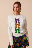 SO ME Mardi Gras Sequins Bow Ribbon Embellished Sweater - Trendsi - Flyclothing LLC