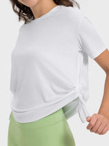 Drawstring Round Neck Short Sleeve Active T-Shirt - Trendsi - Flyclothing LLC