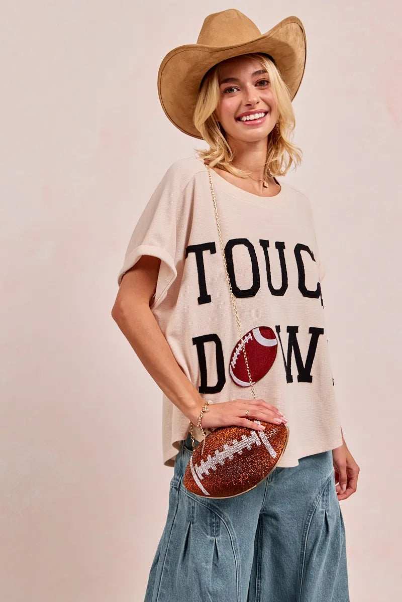 BiBi Game Day Touchdown Letter Patches Waffle Short Top - Trendsi - Flyclothing LLC