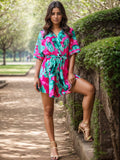 Printed Surplice Half Sleeve Romper - Trendsi