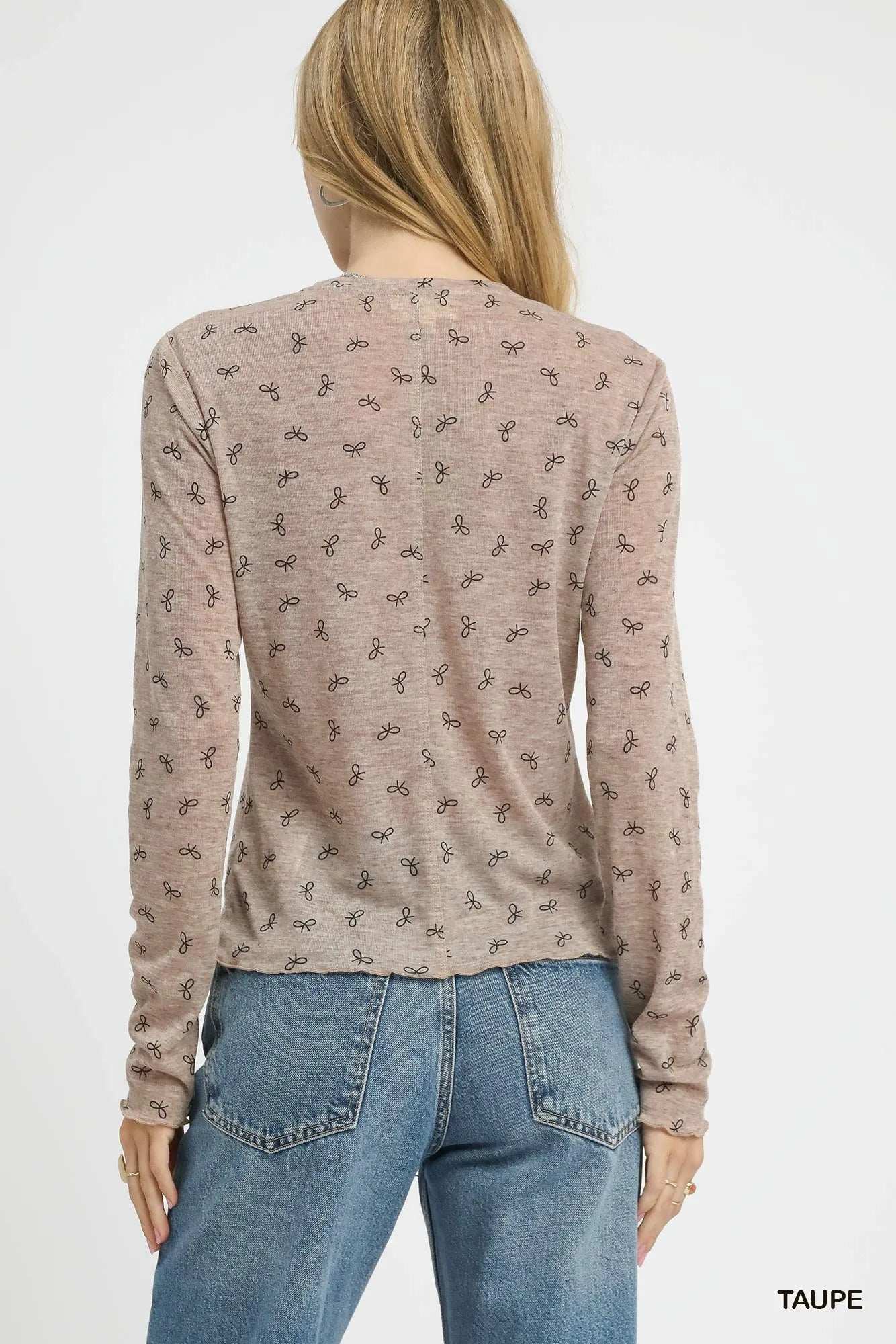 Umgee Bow Print Lightweight Knit Top - Trendsi - Flyclothing LLC