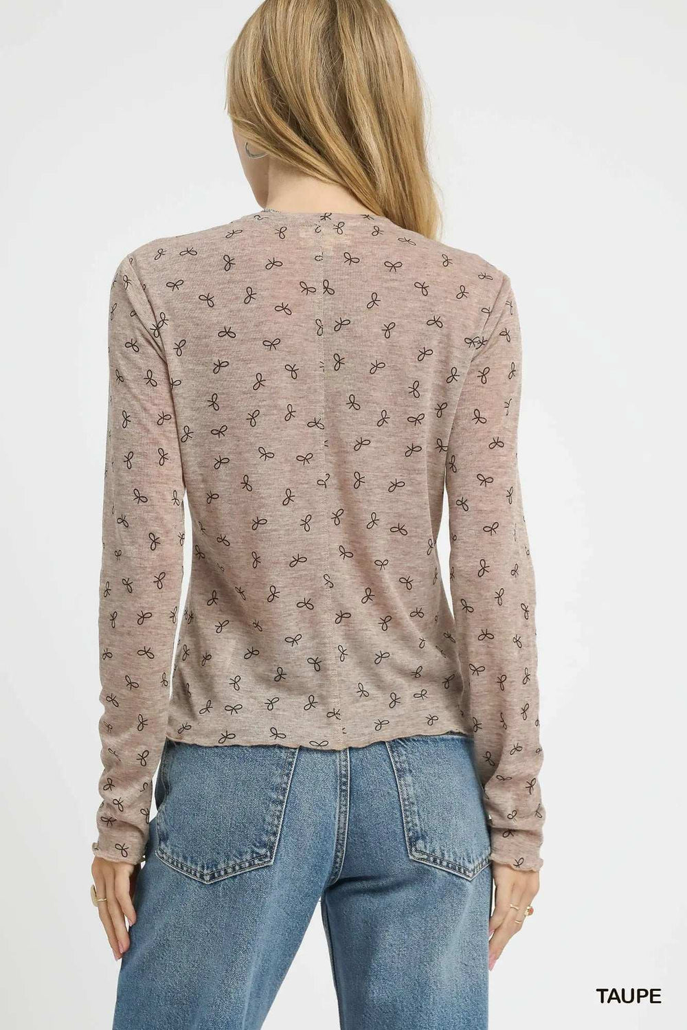 Umgee Bow Print Lightweight Knit Top - Trendsi - Flyclothing LLC