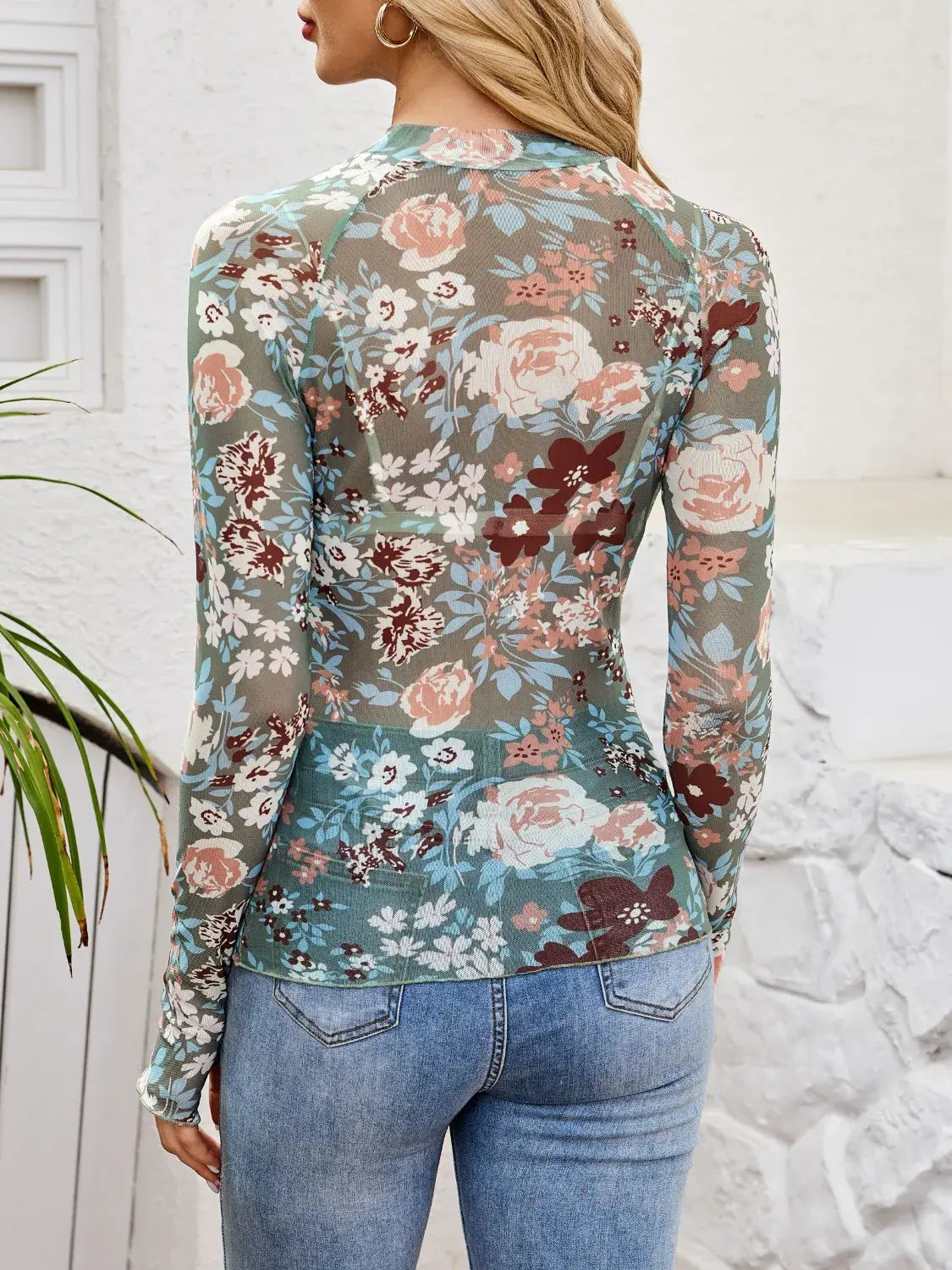 Floral Mock Neck Long Sleeve Top - Trendsi - Flyclothing LLC