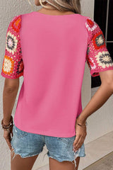 Geometric Round Neck Short Sleeve Blouse - Trendsi - Flyclothing LLC