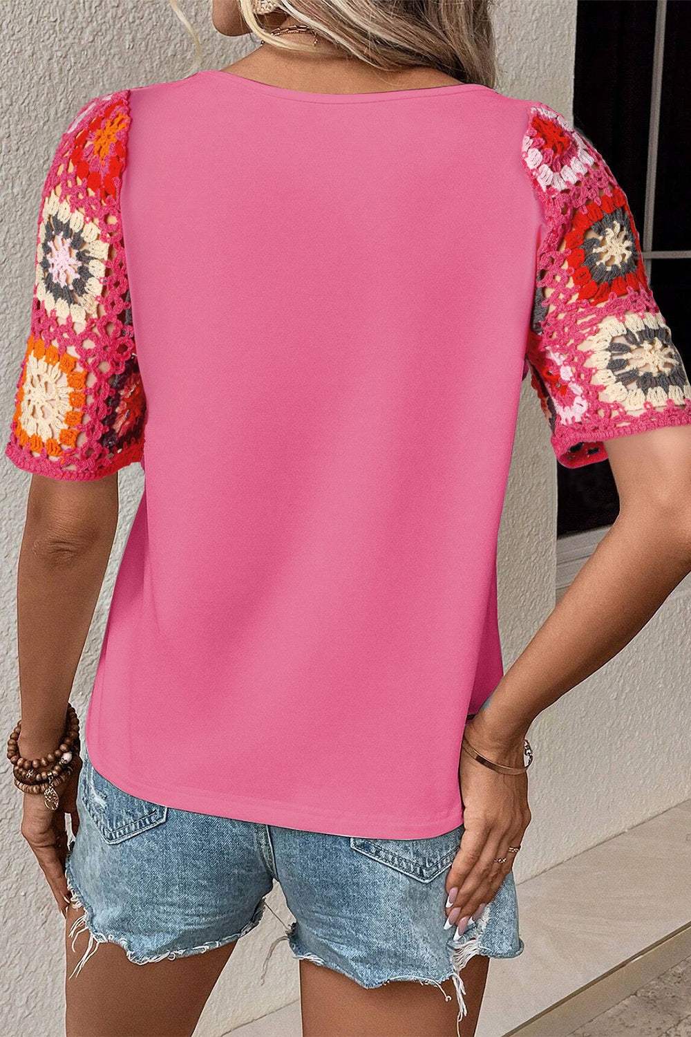 Geometric Round Neck Short Sleeve Blouse - Trendsi - Flyclothing LLC