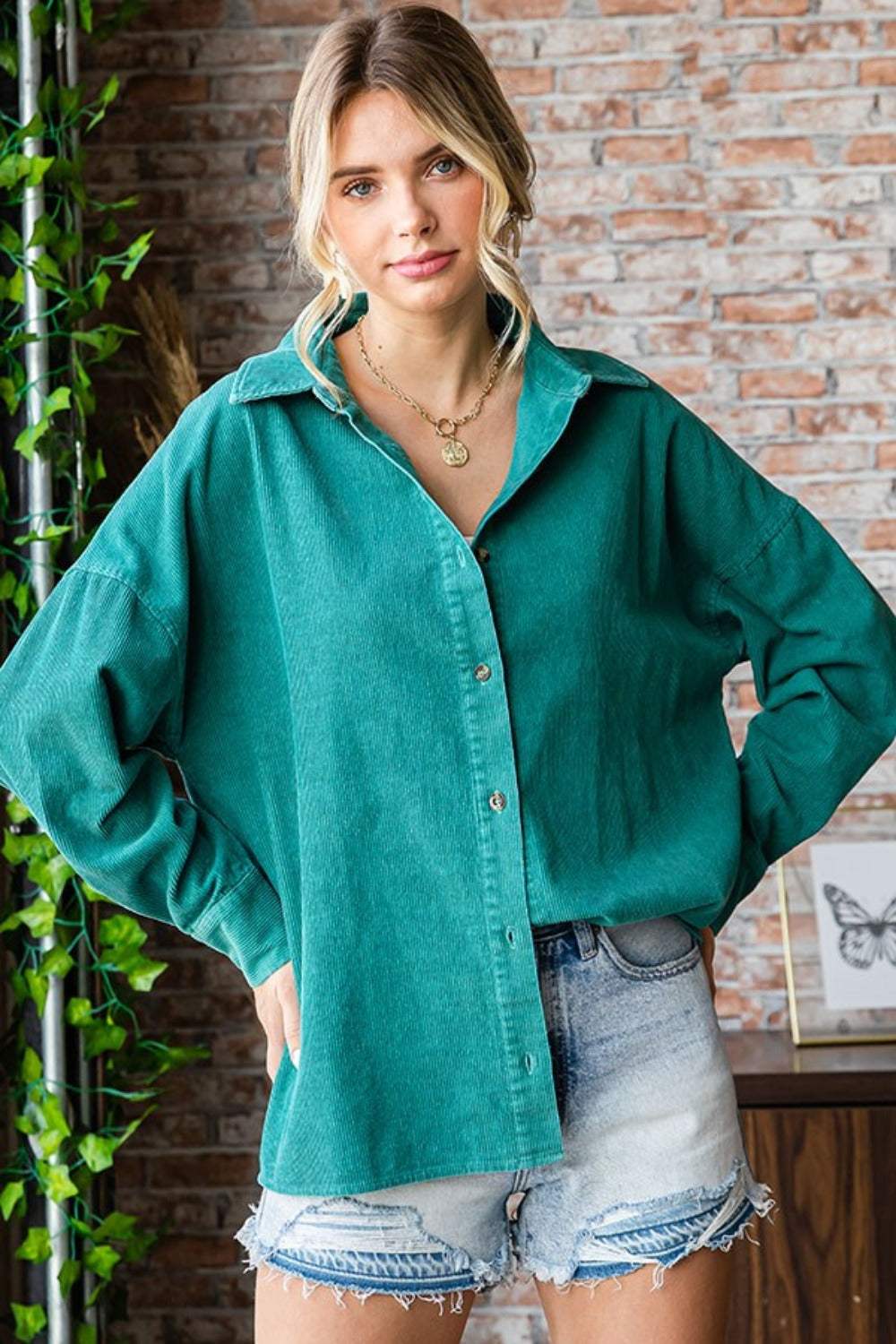 First Love Washed Corduroy Button Down Long Sleeve Shirt - Trendsi - Flyclothing LLC