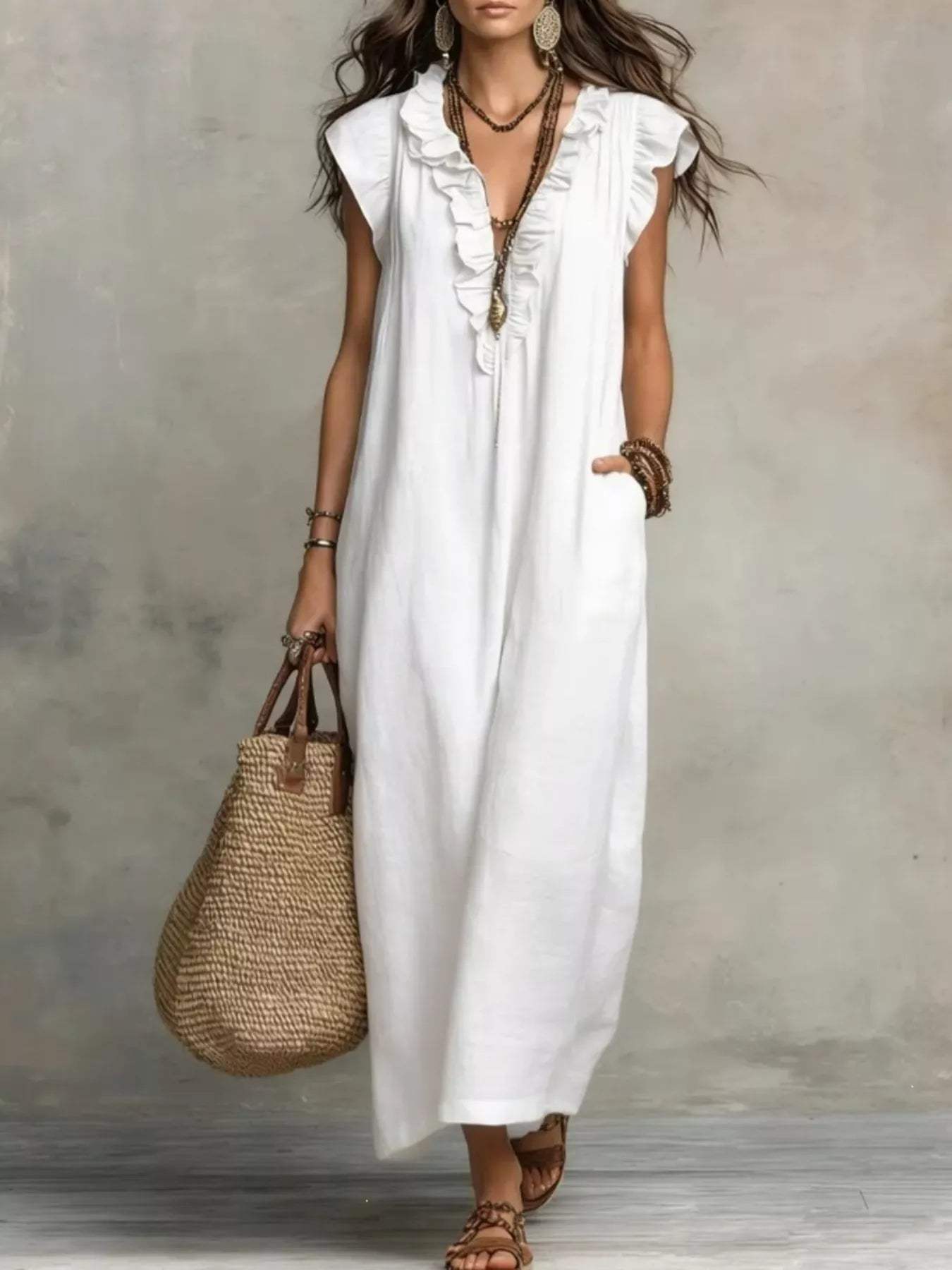 Full Size Ruffled V-Neck Cap Sleeve Maxi Dress Plus Size - Trendsi - Flyclothing LLC