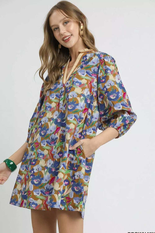 Umgee Boho Floral Balloon Sleeve Mini Dress - Trendsi - Flyclothing LLC