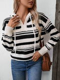 Drawstring Striped Long Sleeve Hooded Sweater - Trendsi