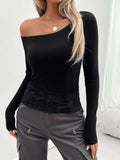 Single Shoulder Long Sleeve Lace T-Shirt - Trendsi - Flyclothing LLC