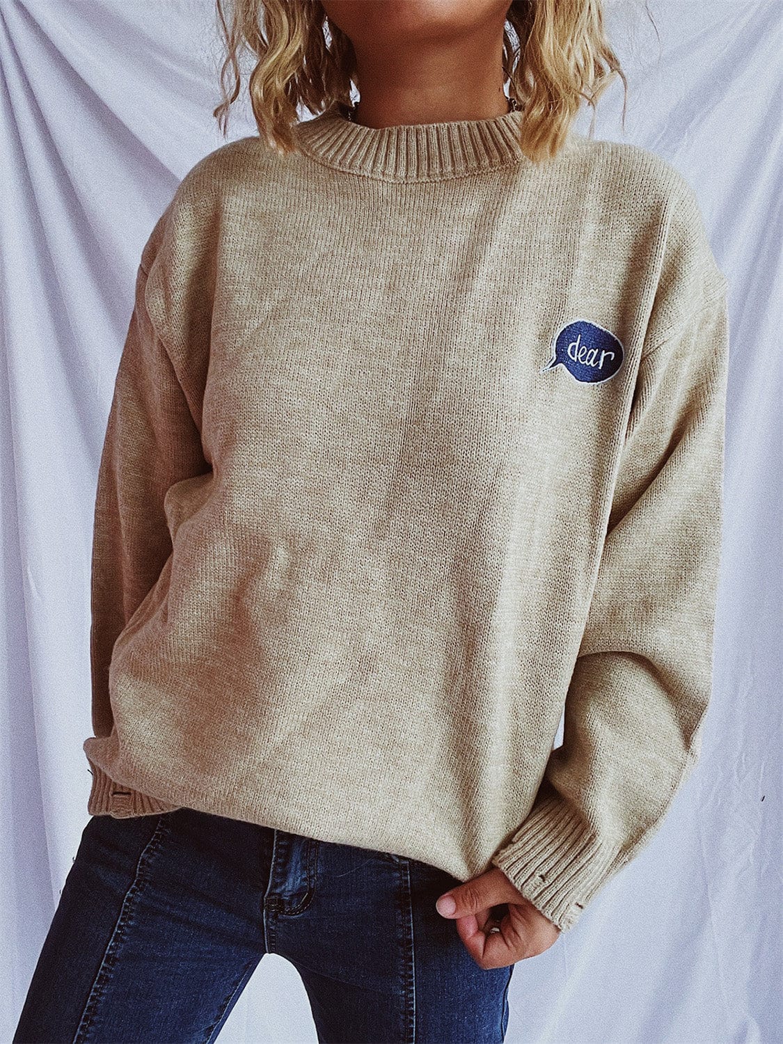 Embroidered Round Neck Dropped Shoulder Sweater - Trendsi