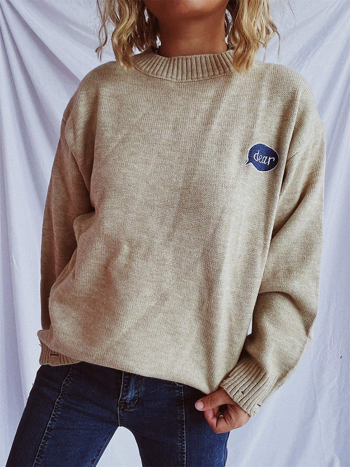 Embroidered Round Neck Dropped Shoulder Sweater - Trendsi - Flyclothing LLC